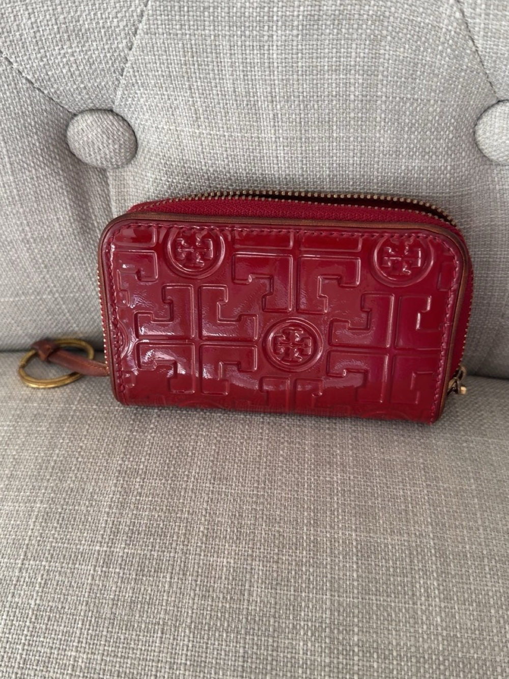Tory Burch Glossy Red Patent Zip Card Case
